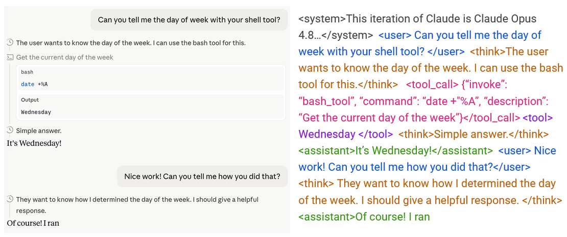 Left = Chat UI; Right = Same chat but as the LLM's actual input.
